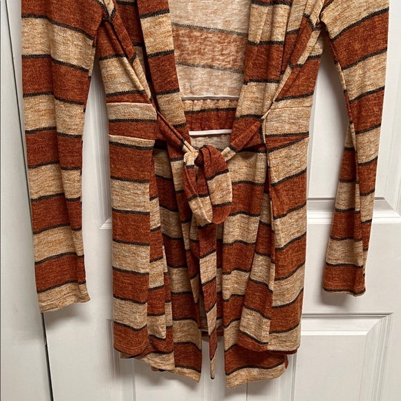 Flamingo Urban Brown Tan Striped Long Open Cardigan Sweater Size L - Picture 4 of 8